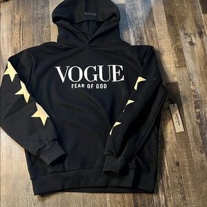 Fear of God Black Hoodie with White VOGUE Logo and Cream Star Sleeves
